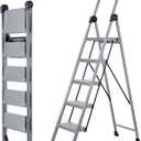 XinSunho 5 Step Ladder, Foldable Step Stool Ladder with Handrails & Tray, 660 lbs Heavy Duty Wide Pedals, Sturdy Steel Folding Ladder for Kitchen, Home, and Household Use (Silver, 5 Step)