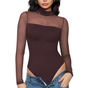 Nebility Women Long Sleeve Bodysuit Turtleneck - Mesh Shapewear Body Suit Tops Thong Going Out Tops Fall Outfits (Large, Brown)