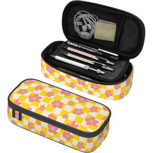 Yellow Red Flower Large Pencil Case for Girls, Pencil Pouch Pen Bag Kids | Big Capacity with Flip Top Zipper Stationery Organizer Storage Back to School Supplies for School Office College Student