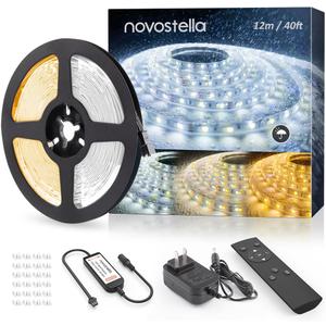 NOVOSTELLA 40ft Waterproof Tunable White LED Strip Lights, Dimmable Flexible Rope Light 3000K-6500K 12V Tape Light with Remote, Ribbon for Outdoor and Indoor Bedroom Home Mirror Kitchen Cabinet