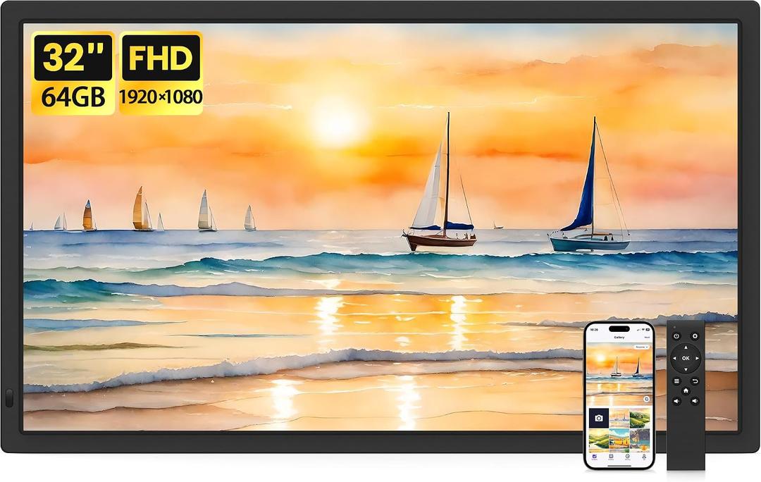 Uhale 32 Inch Extra Large Digital Picture Frame with 64GB, Remote Control, 1920 x 1080 FHD IPS WiFi Electronic Photo Frames, Support SD and USB, Share Moments Securely and Instantly, No Touch Screen