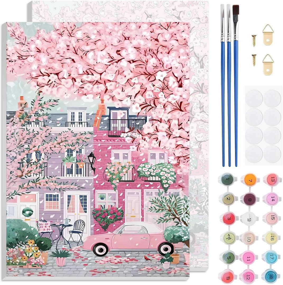 2 x TLIOBLO Pink Landscape Paint by Numbers Kits with Frame for Adults Beginners, DIY Cherry Blossom Tree Painting by Numbers on Canvas for Home Wall Decor Gifts 20x30cm