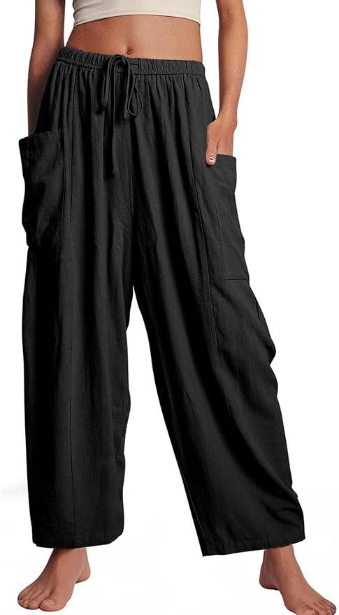 Womens Wide Leg Pants Casual Loose Drawstring Flowy Summer Beach Palazzo Harem Pants with Pockets, S