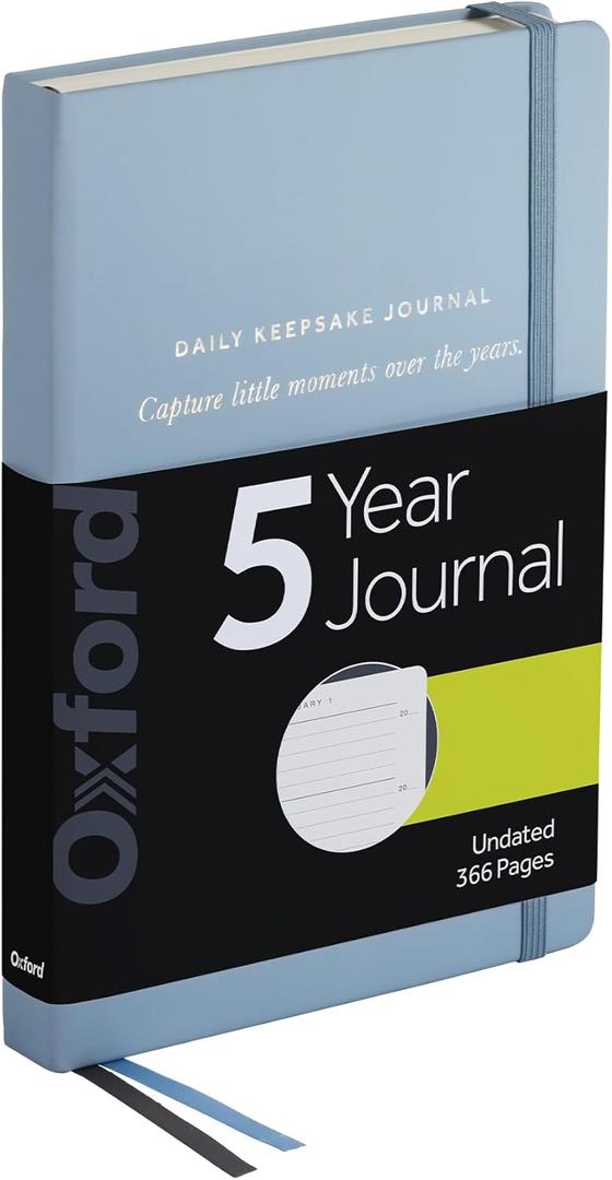 Oxford One Line a Day 5 Year Journal, Daily Keepsake Memory Book with Undated Entries, 366 Pages, 5.6 x 8.3, Pale Blue Hardcover, Ribbon Markers and Pocket for Photos and Mementos (1017048)