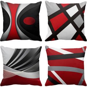 Emvency Set of 4 Throw Pillow Covers Modern Abstract Red Stripes Gray Black White Acrylic Bold Grey Decorative Pillow Cases Home Decor Square 16x16 Inches Pillowcases
