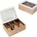 Vintage Burlywood Wooden Tea Organizer Box with White Glass Lid, 6 Compartments Tea Bag Organizer, 9 Inches Storage Organizer, Tea Storage Chest, Kitchen Storage Chest Box (Large)