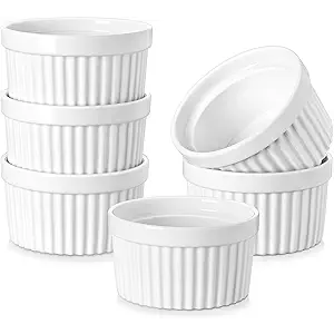 MALACASA Ramekins 8 oz Oven Safe, Porcelain Creme Brulee Ramekins Pudding Custard Cups Ceramic Souffle Dishes Ramakan Ramiken Ramicans Baking Bowls Set of 6, White, Series RAMEKINDISH