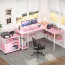 Unikito Reversible L Shaped Desk with Magic Power Outlets and USB Charging Ports, Sturdy Corner Computer Desk with Storage Shelves, Gaming Table Home Office Desk, Easy to Assemble, Pink, 42.5" W X 50.4" L X 29" H