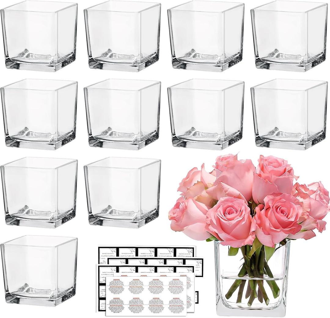 CONNOO 12 Pack Square Glass Vase 3" x 3" x 3", Clear Bulk Flower Vases for Centerpieces, Square Glass Cube Vase Floating Candle Holders for Wedding Party Home Decor
