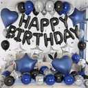 Navy Blue and Black Birthday Decorations for Men Black Pearl Royal Blue Silver Metallic Balloons Confetti Balloon Happy Birthday Banner Heart Balloons 18/10 Inch Star Balloon for Bday Party Supplies