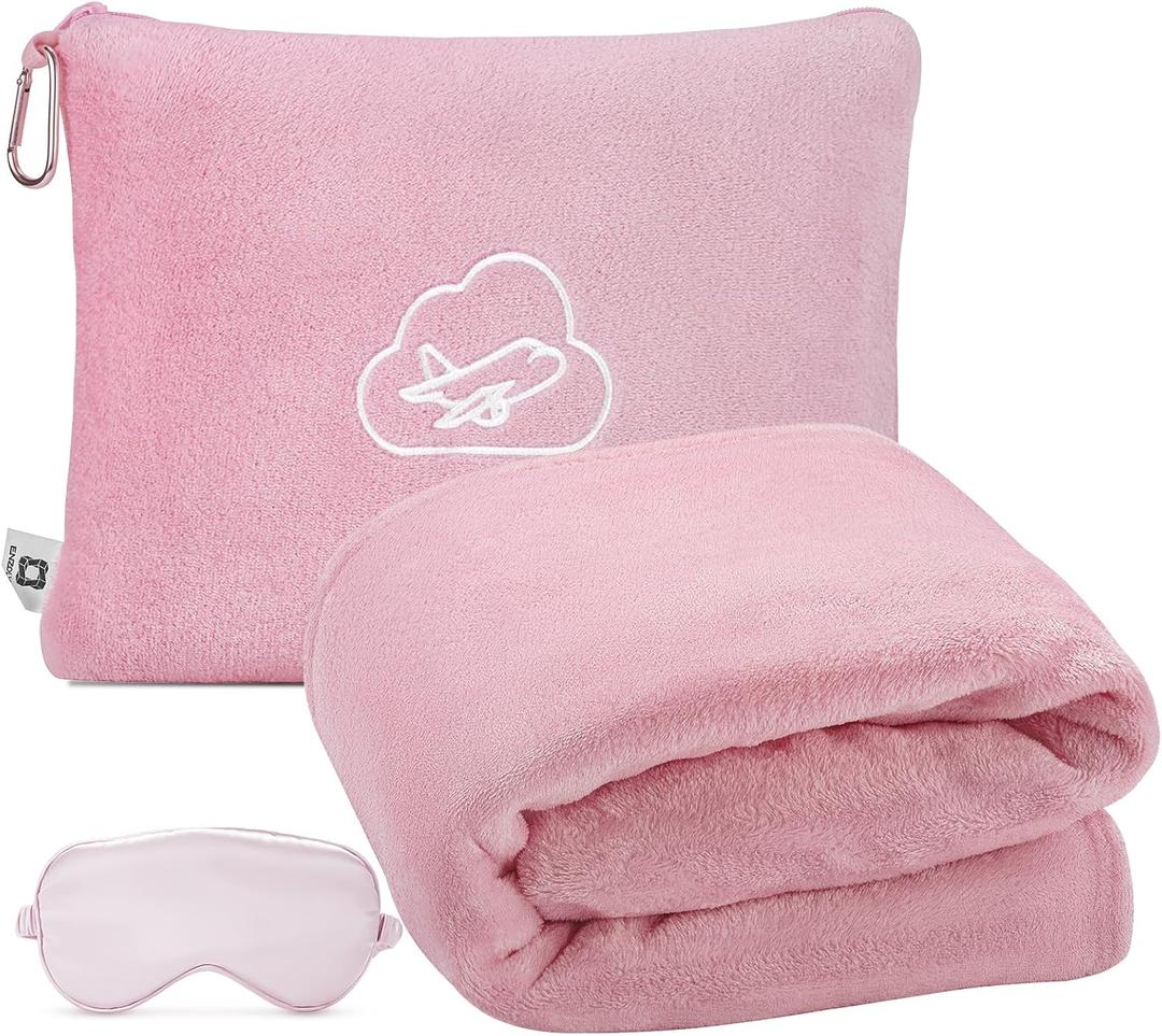 ENZOLVE Travel Blanket, Airplane Blanket, Ultra-Soft, Warm & Lightweight, 65x40 in, Outdoor Blanket Essentials for Women, Men & Kids, Luggage Sleeve & Backpack Clip Pink