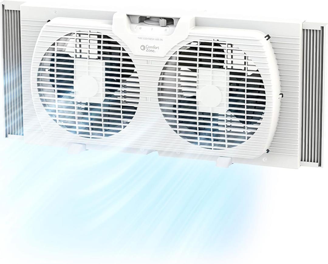 Comfort Zone Twin Window Fan with Reversible Airflow Control, 9 inch, Auto-Locking Expanders, 2 Speed Fan, Dual Fan, Exhaust, Airflow 9.84 ft/sec, Ideal for Home, Kitchen, Bedroom & Office, CZ319WT (9", White)