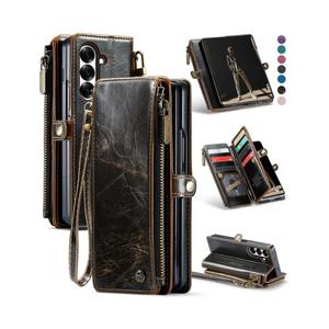 Defencase for Samsung Galaxy Z Fold 7/ Fold7 Wallet Case with RFID Blocking 10-Card Holder, Fashion Soft PU Leather Magnetic Snap Flip Zipper Wrist Strap Phone Case for Galaxy Z Fold 7 5G, Coffee