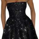 AIBEARTY Women's Sexy Glitter Off Shoulder Mini Dress Shiny Strapless Pleated A Line Dress for Party Club, Small