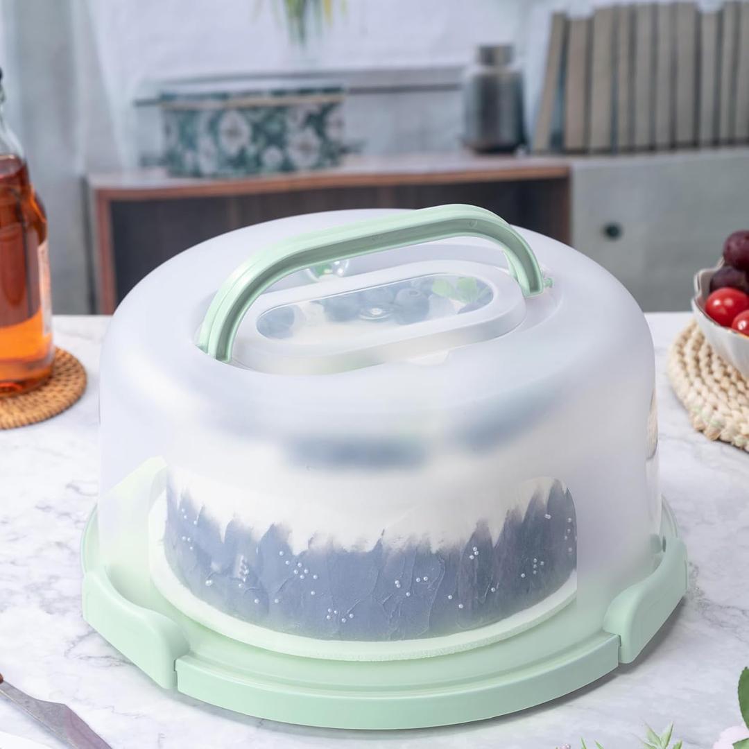 10in Plastic Cake Carrier with Handle, Round Cake Holder with Lid Pink Cake Container for 6in/8in/10in Cake(green)