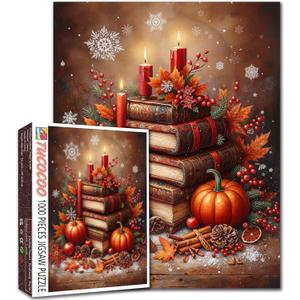 Autumn Books Candles Pumpkins Leaves 1000 Piece Jigsaw Puzzle for Adults Students Cozy Fall Holiday Puzzle Art Home Decor Relaxing Brain Game Vintage Library 2027 Inches Indoor Seasonal Challenge (Puzzle-christmas Scene-05)