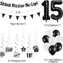 Holkcog 15th Birthday Party Decorations, Happy 15th Bday Bruh Banner Bankground for Boys Girls, Black Number 15 Foil Ballons & Cupcake Topper, Hanging Swirls, Black Happy 15 Years Old Party Supplies