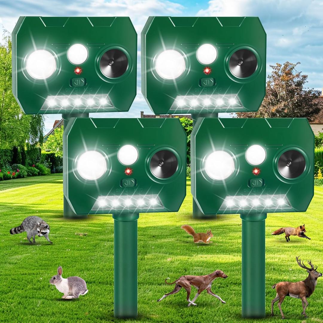 Solar Ultrasonic Animal Repellent Outdoor, 4 Pack Cat Squirrel Raccoon Bird Dog Deer Repellent Devices with PIR Motion Sensor ＆ LED Flash, Waterproof Animal Deterrent for Garden Yard Farm