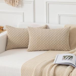 Kevin Textile Throw Pillow Covers Soft Corduroy Decorative Set of 2 Boho Striped Pillow Covers Pillowcases Farmhouse Home Decor for Couch Bed Sofa Living Room 12x20 Inch Beige