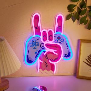 LED Neon Handle Cute Neon Sign, USB Powered Neon Signs Night Light, 3D Wall Art & Game room Bedroom Living Room party Decor lamp for Children Kids Girls Boys (Clear board) (Blue, Pink)