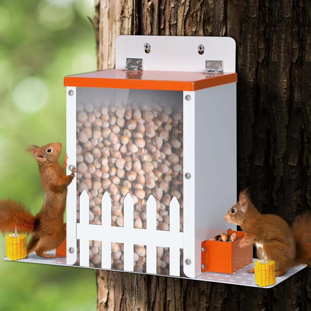 Metal Squirrel Feeders for Outdoors Squirrel Picnic Table Bench Feeders for Hanging Outside Tree Funny House Box Corn Peanuts Nuts Bar for Mini Chipmunk (Orange)