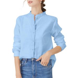 Women's Mandarin Collar Button-Down Shirts Casual Cotton Long Sleeve Blouses (Medium, 00057_ Light Blue)