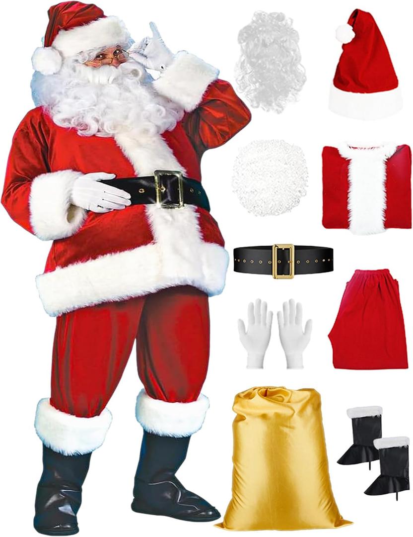 Santa Claus Costume for Men 9 PCS Deluxe Santa Suit with Hat, Christmas Party Costume for Men Adult Santa Outfit (Red)