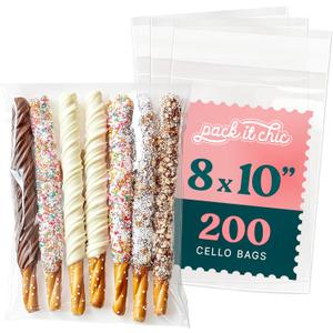 8" X 10" Self Sealing Cellophane Bags (200 Pack) - Clear Cookie and Pretzel Rod Bags With Seal for Baked Goods Packaging, Cookie Wrappers, Bakery Packaging, Bake Sale, Candy, Treats, Goodies, Gifts