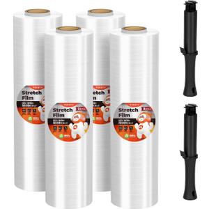 MUNBYN Shrink Wrap, Stretch Wrap with Handles, Stretch Film Roll Industrial Strength, Plastic Wrap for Pallet Wrapping Shipping Moving, 15 Inch x 1000 Ft, 4 Pack, 60 Gauge