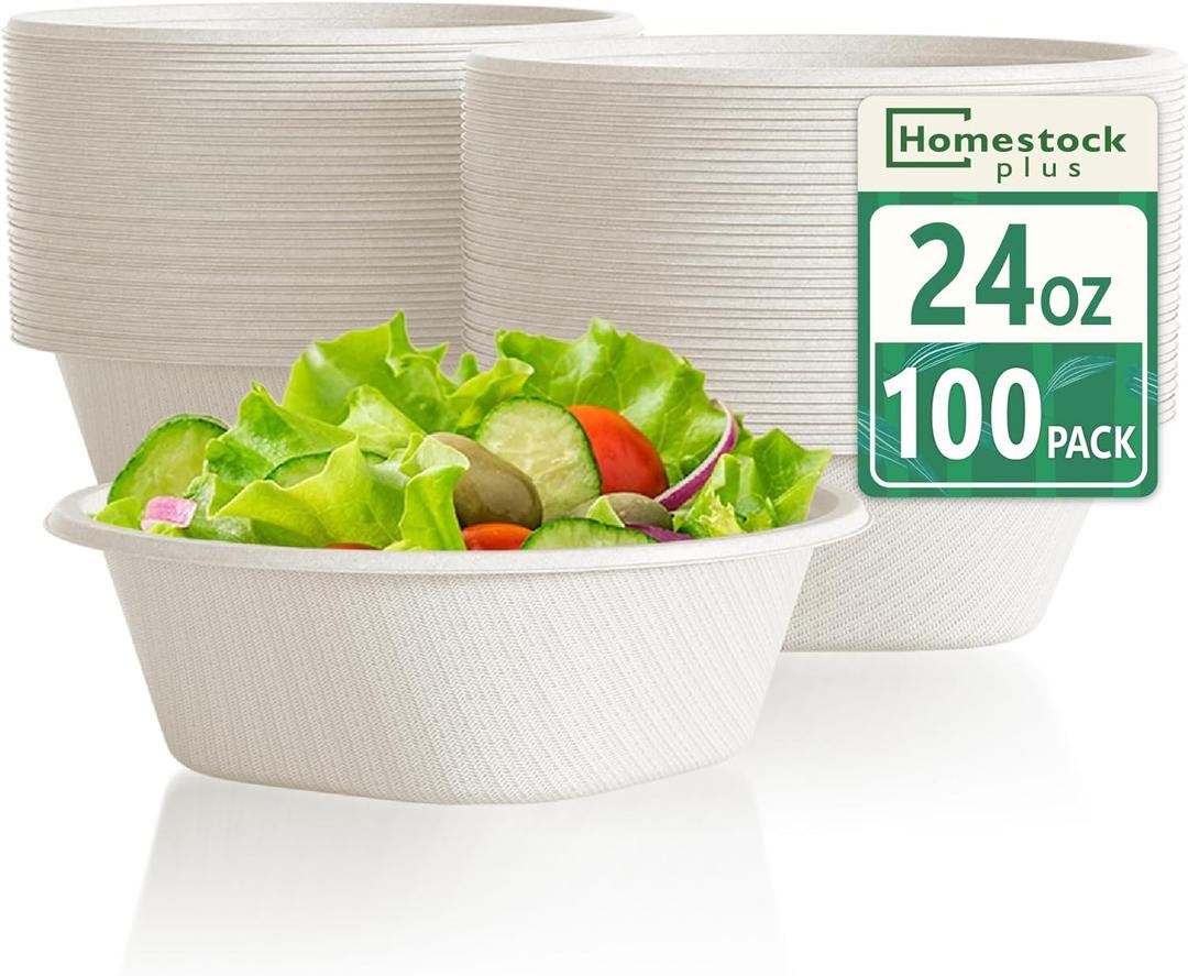 Homestockplus Disposable Bowls 24 Oz [100 Pack] - Compostable Paper Bowl Heavy Duty,Freezer & Microwave Safe Bowl, BPA-Free Eco-Friendly Bowls for Cereal, Rice, French Fries, Party Serving (White)