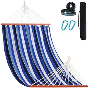 Lazy Daze Hammocks Cotton Fabric Double Hammock with 55" Spreader Bar, Portable Camping Hammock with Carrying Bag & Tree Straps for Patio, Backyard, Balcony, 450lbs Capacity, Blue