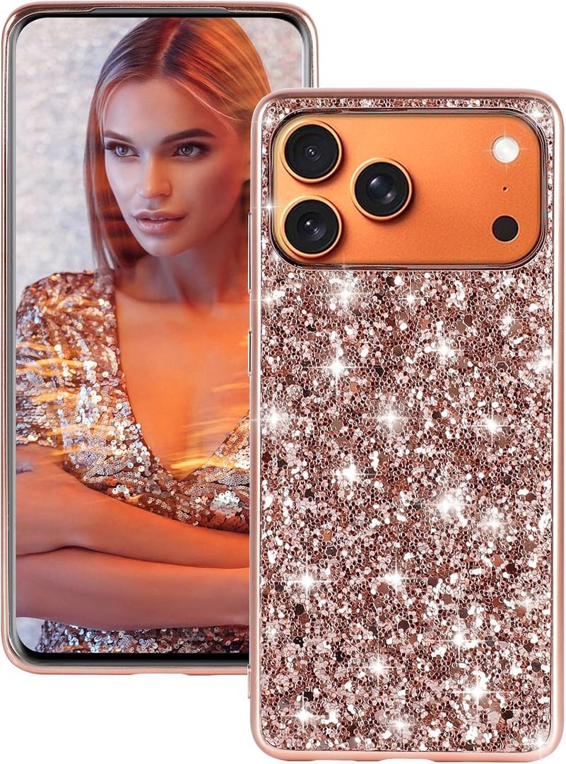 Silicone Case for iPhone 17 Pro Max 5G Phone Case Glitter Sparkle Bling, Hybrid Matte Back Cases Heavy Duty Shockproof Protective Cover for iPhone 17 Pro Max Cute Case for Women 6.9" Funda (Rose Gold)