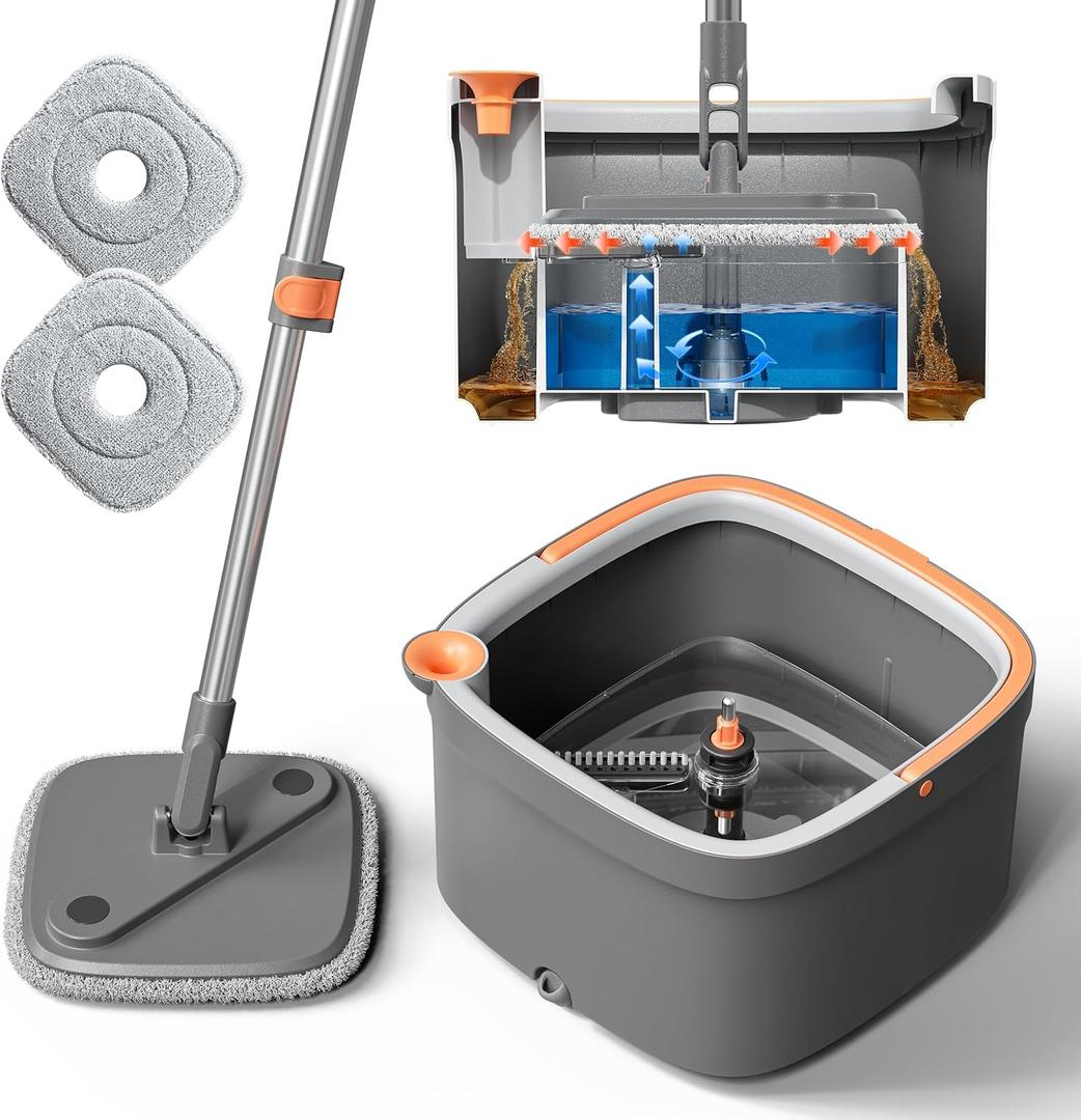 KZKR Spin Mop and Bucket Set with 2 Replaceable Microfiber Mop Pads with Self Separation Dirty and Clean Water System, Self Wringing 360 Rotating Square Mop Head for Hardwood Tile Marble Floors (Grey+Orange+White)