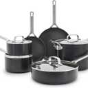 GreenPan x Bobby Flay Hard Anodized Nonstick 10 Piece Cookware Set, PFAS-Free Ceramic Pots & Pans, Induction Suitable, Frypans, Saucepans Saute, Stockpot, Glass Lids, Dishwasher & Oven Safe, Black