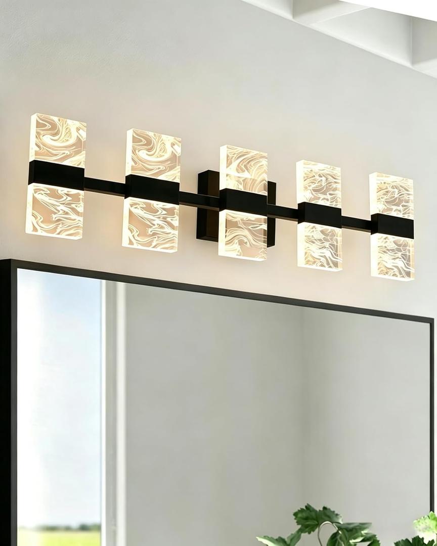 Black LED 3000K Bathroom Light Fixture, Modern 5-Lights Vanity Lighting with Smoke Acrylic Shades, Wall Lamp Over Mirror for Kitchen Bedroom Dress Table (Integrated Led Chips Included)