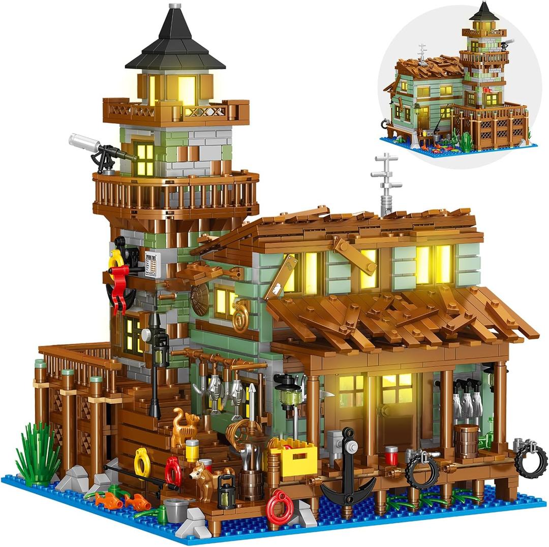 Fishing Village Store House Building Set with LED Light, 1881 PCS Wood Cabin Mini Building Block, STEM Architecture Toys Kit, Birthday Gift for Adults Ages 8-12+ YearsNot Compatible with Set