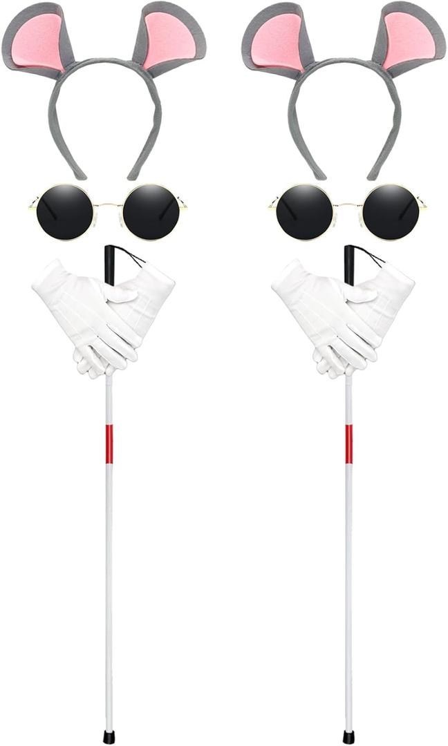 8Pcs Halloween Mouse Costume Accessories Set Blind Mouse Costume Kit including Headbands Round Sunglasses Folding Blind Cane White Gloves for Halloween Party Favor Accessories