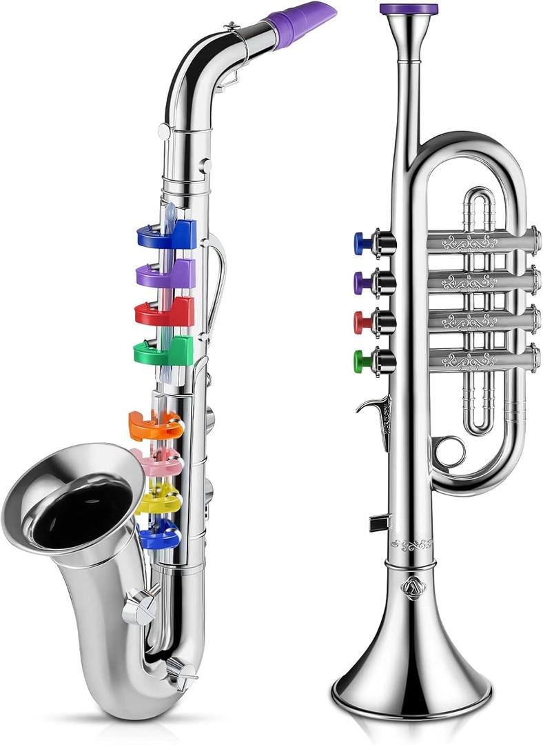 Lewtemi Set of 2 Musical Instruments Include Toy Trumpet and Saxophone Set Plastic Trumpet Educational Christmas Toy Home School Music Gift, Color Keys (Silver)