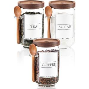 KOSKIMER Coffee and Sugar Container Set, Glass Coffee Jars with Wooden Lids and Scoops, Decorative Sugar Tea Creamer Canisters for Kitchen Countertop (25oz)