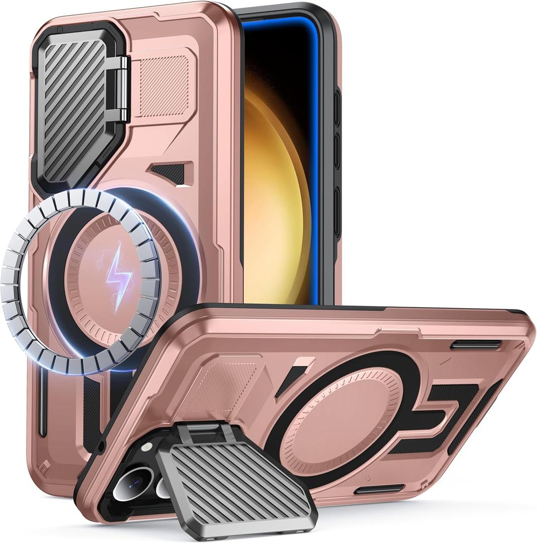 Samsung Galaxy S23 Plus Case Compatible with MagSafe [Built-in Camera Cover Stand][Military-Grade Shockproof][Dual Layer Protection]Heavy Duty Rugged Bumper for Galaxy S23+ Case, Rose Gold