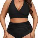 Yonique Womens Two Piece Plus Size Halter Bikini Swimsuits Tummy Control Bathing Suits High Waisted Swimwear (Black 01)