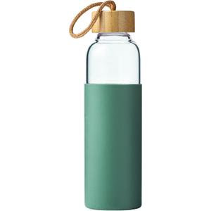 21oz Glass Water Bottle with Silicone Sleeve & Bamboo Lid, BPA Free Reusable Water Bottle Glass for Gym Office Travel, Gift for Fitness Enthusiasts (Green)