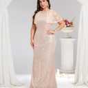 Cololura Women Sexy Elegant Sequin High Split Ruffled Hem Mermaid Party Cocktail Bodycon Formal Evening Gowns Maxi Dress (XX-Large, Apricot)