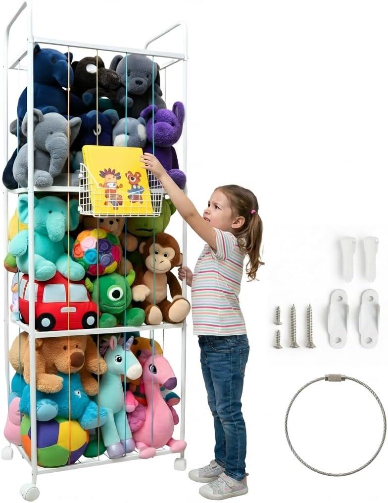 Stuffed Animal Storage Cage with Wheels & Front Basket Large Metal Tube Organizer for Plush Toys, Playroom or Nursery Space-Saving, Durable & Stylish Includes Wall-Mount Option
