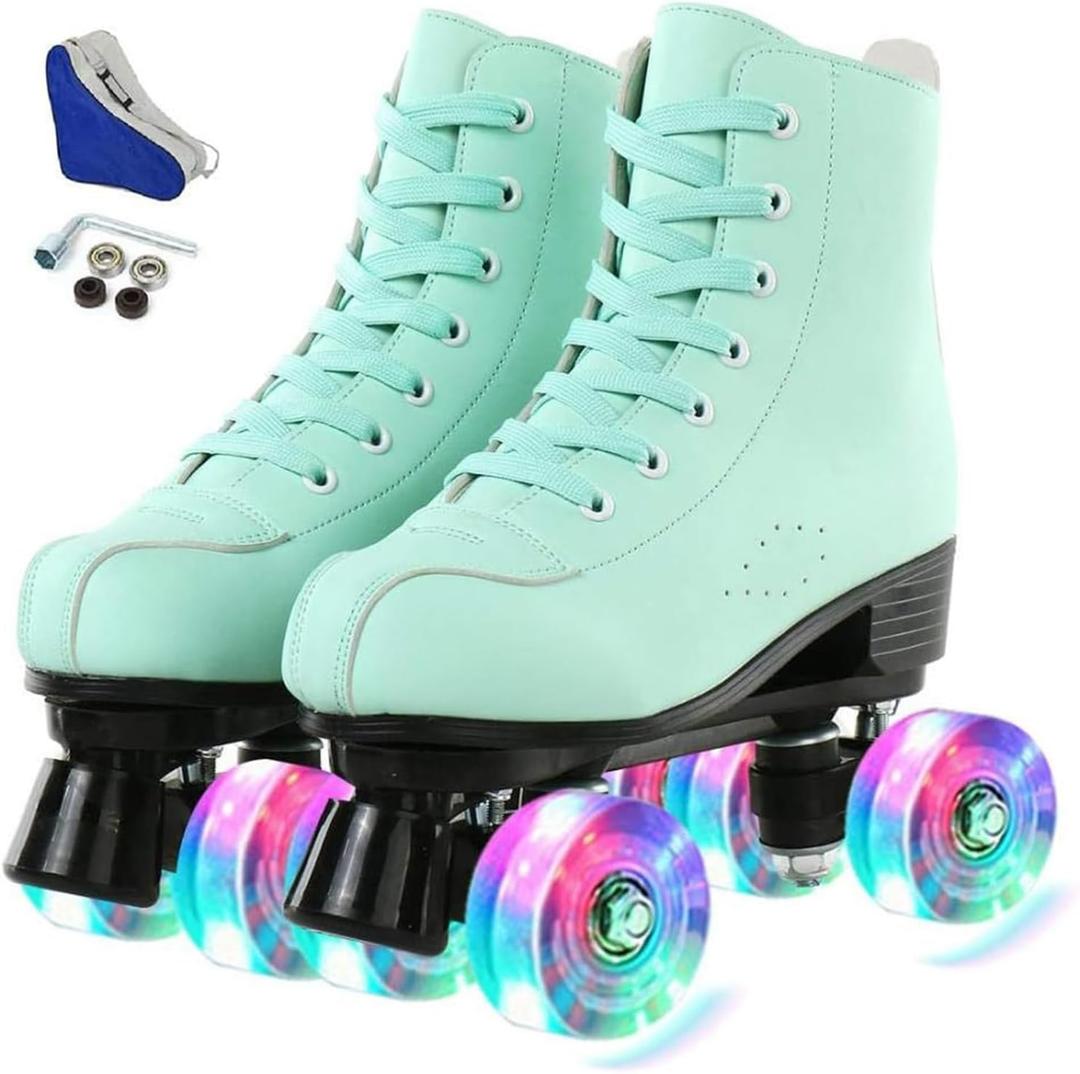 Jessie PU Leather Skates - Premium Adjustable Four-Wheel Roller Skates for Women, Men, Boys & Girls - Indoor & Outdoor (38-Women's 8/ Men's 6.5, Green Flash Wheel)
