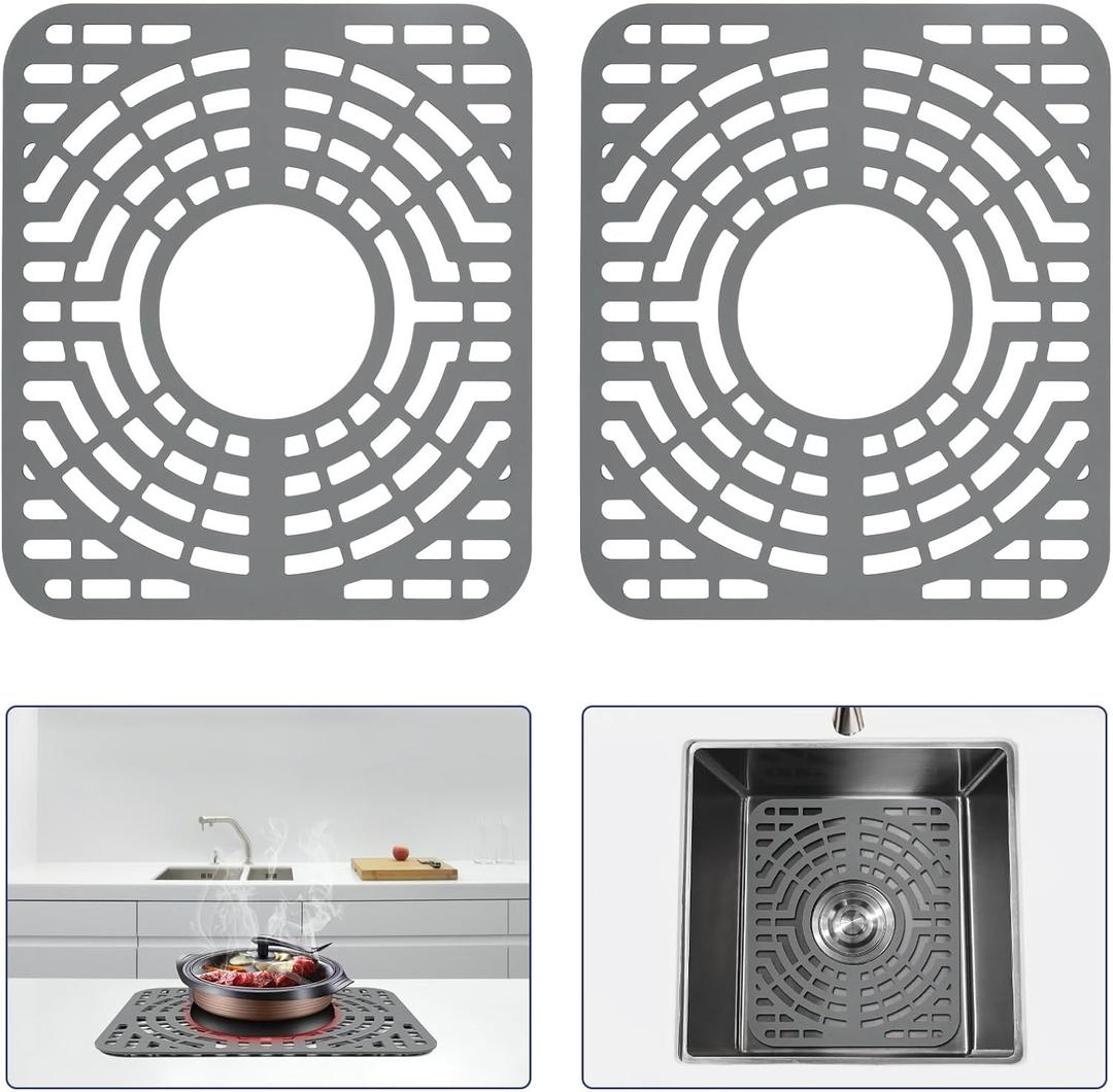 Snuggery 2PCS Silicone Sink Protector 12"x14" Center Drain Hole, Heat Resistant Non-slip Dishwasher Suitable,Mat for Bottom of Farmhouse Kitchen Stainless Steel Sink(Grey)