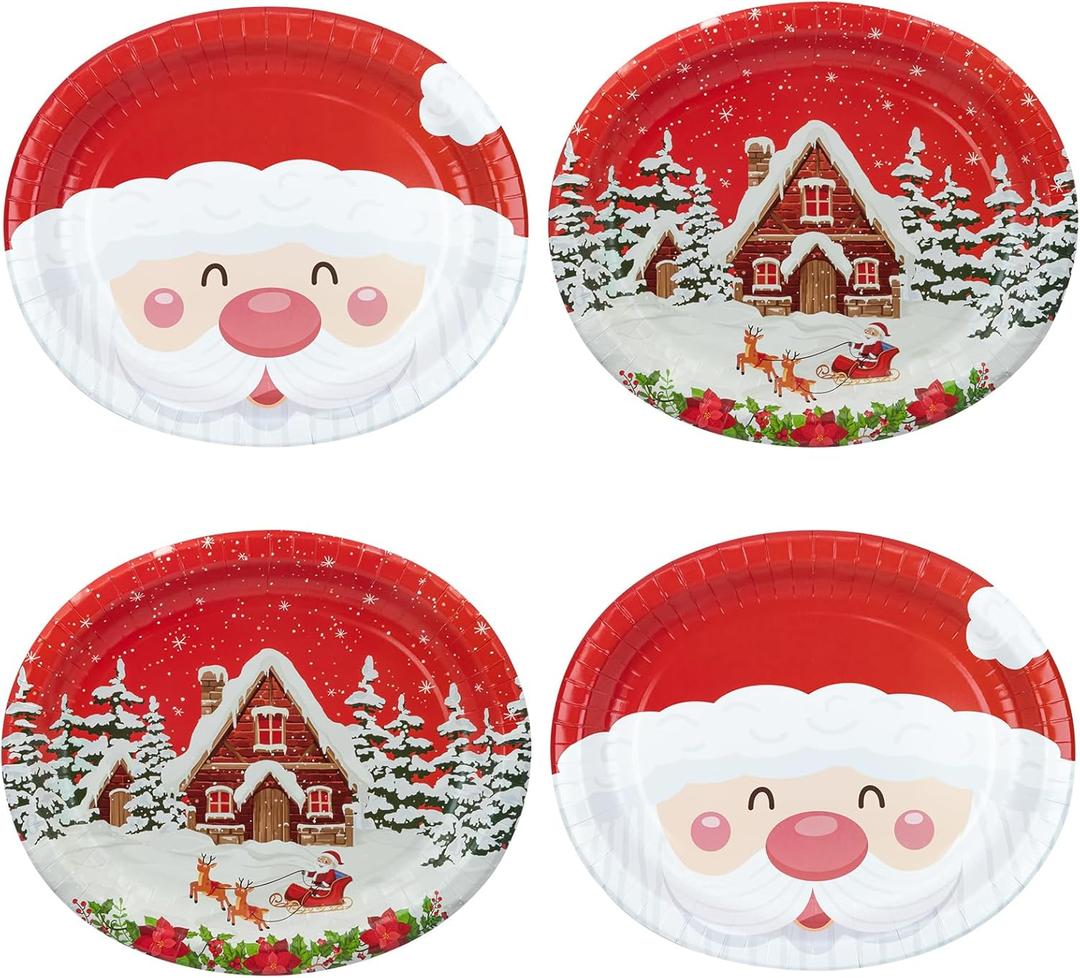 YY 12" Oval Party Paper Plates Set Merry Christmas Disposable Large Buffet Plates (50 Count)