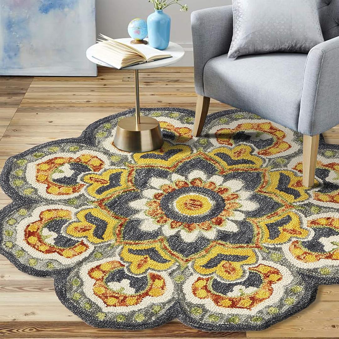 LR Home 4ft Round Indoor Wool Area Rug for Home Decor | Rugs for Living Room, Bedroom, Playroom, Entryway, Office | Hand Woven Modern Farmhouse Large Boho Area Rug for Room Decor | Gray/Yellow