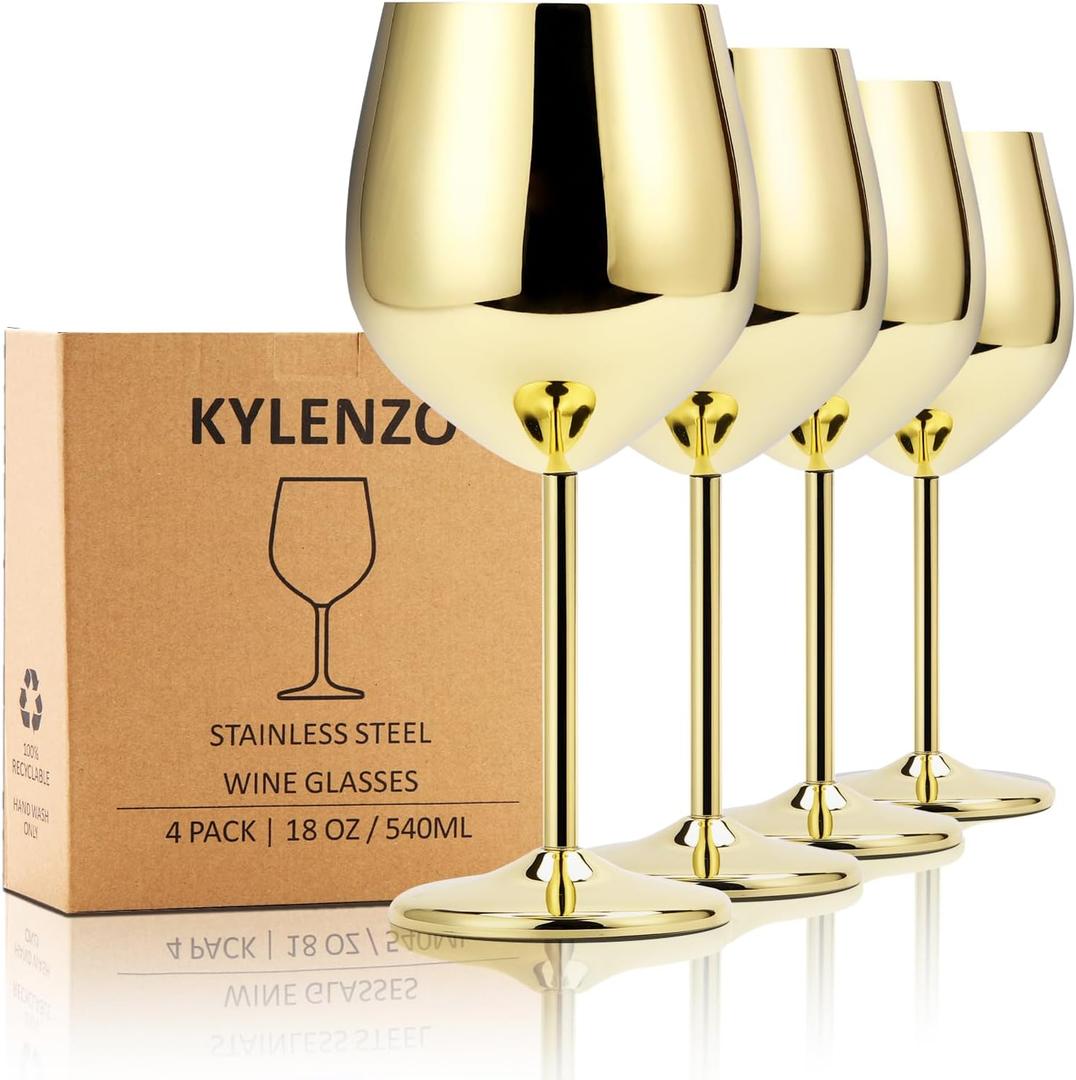 Gold Wine Glasses Set of 4, 18oz Stainless Steel Unbreakable Goblets - Outdoor Metal Cups for Gifts, Wedding Events