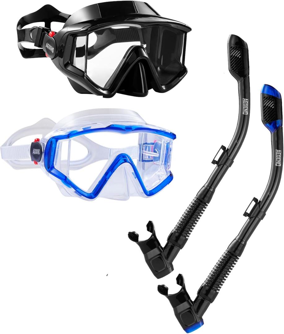 Aegend Snorkeling Gear for Adults Youth Kids, Snorkel Mask with Top Dry Valve - Panoramic View Anti-Leak and Anti-Fog with Mesh Bag for Snorkeling, Scuba Diving, Freediving & Swimming (2 PACK - Black & Green)